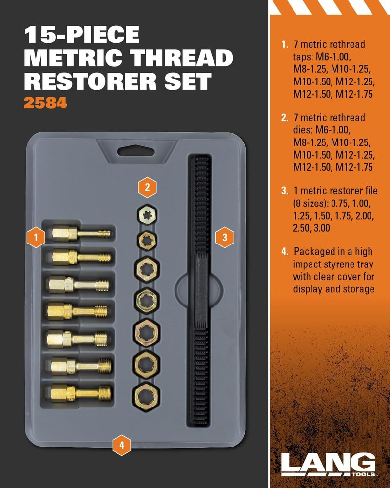 Lang Tools 2584 15-Piece Metric Thread Restorer Set, Black , Gray - Image 2
